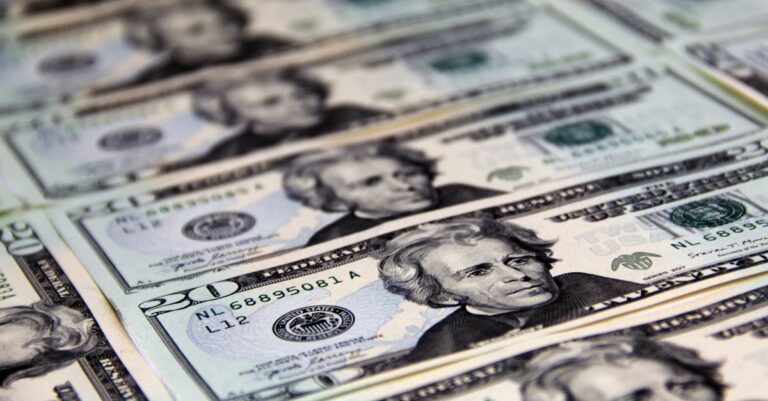 Close-up of crisp US twenty dollar bills arranged in a pattern. Ideal for finance-related visuals.