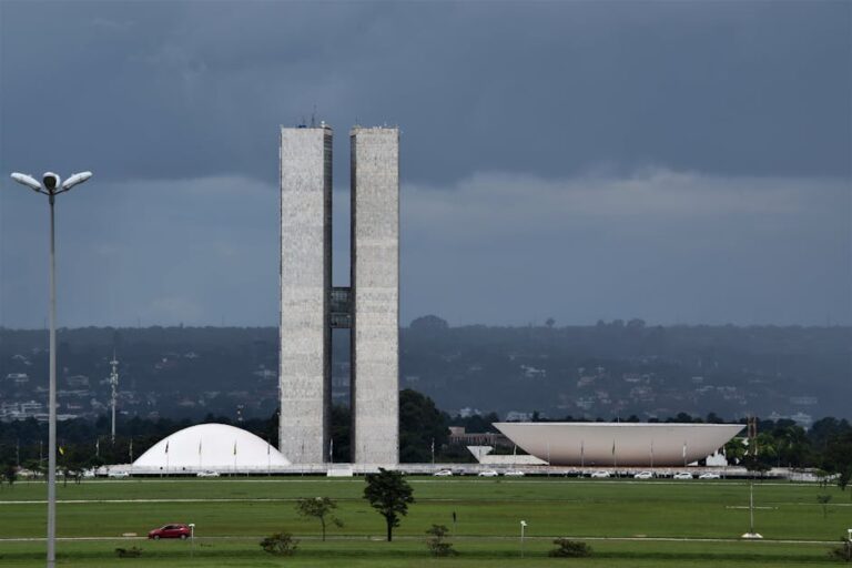 View of the Brazilian National Congress showcasing its iconic modernist architecture.